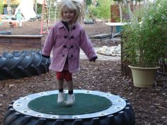 Tire Trampoline - I love the scale of this perfect for a small backyard and not too far to fall Improve Vertical Jump, Increase Vertical Jump, Tire Playground, Increase Vertical, Repurposed Tire, Plyometric Exercises, Recycled Tires, How To Make You, Jump Higher