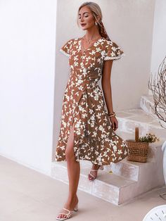 Pattern: Floral Features: Tie-waist, lace trim, wrap, short sleeves Neckline: Surplice Stretch: No stretch Product measurements: S: bust 35 in, waist 30 in, hip 41 in, length 45 in, sleeve 6 inM: bust 37 in, waist 31 in, hip 43 in, length 46 in, sleeve 6 inL: bust 39 in, waist 33 in, hip 44 in, length 47 in, sleeve 6 i Boho Dress Short, Office Dresses For Women, Boho Midi Dress, Halter Midi Dress, Wrap Midi Dress, Midi Dress Summer, Versatile Dresses, Wrap Dress Floral, Boho Maxi Dress