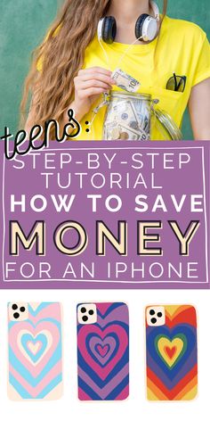 a girl with headphones on and text overlaying how to save money for an iphone