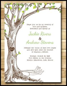 a wedding card with an image of a tree and two hearts on the branches, in green