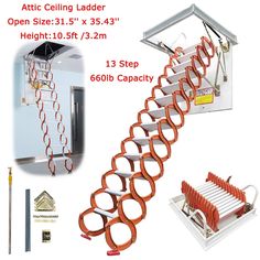 the attic ceiling ladder is open size 11 5 x 35 3 height 13 step 600lb capacity