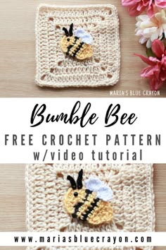 two crocheted bee coasters with text that reads bumble bee free crochet pattern