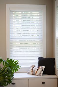 a window with white blinds and pillows on it next to a potted green plant