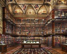 a large library with many bookshelves and paintings on the walls, along with an area rug