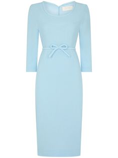 sky blue wool bow detailing round neck rear zip fastening three-quarter length sleeves calf-length straight hem Light Blue Knee-length Midi Dress For Office, Light Blue Knee-length Midi Dress For Work, Light Blue Midi Dress For Office, Royal Outfits Classy, Dressy Fall Dresses, Midi Dress Blue, Jane Clothing, Outfits Classy, Royal Outfits