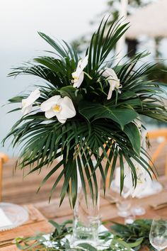 tropical wedding centerpiece Tropical Wedding Decor, Wedding Floral Centerpieces, Wedding Flower Arrangements, Wedding Table Centerpieces, Tropical Decor, Hawaii Wedding, Tropical Wedding