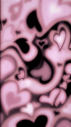 an abstract painting with hearts in pink and black