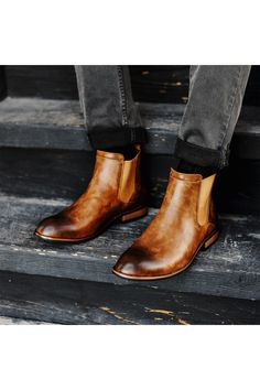 The wide-width Chelsea dress boot by Vance Co.  features premium faux leather uppers that rise to the ankles with subtle top-stitching bordering the stretchy side panels. Mahogany faux woodgrain block heels and outsoles finish the look.Sizing: W=wide width. Chelsea Dress, Dress Boot, Wide Boots, Leather Chelsea Boots, Mens Shoes Boots, Chelsea Boot, Side Panels, Pull Tab, Personal Shopping