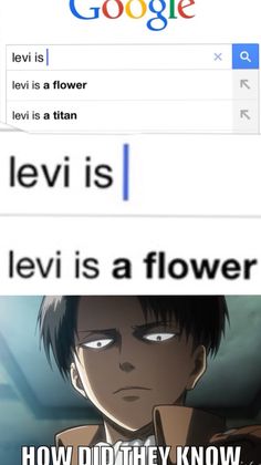 an anime meme with the caption levi is a flower how did they know?