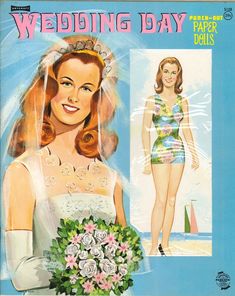 an advertisement for wedding day paper dolls with a woman in a bathing suit and flowers