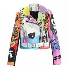 Punk Rock Cartoon Graffiti Studded Leather Jacket-women-wanahavit-Multicolor-M-wanahavit Faux Leather Jacket Women, Colorful Jacket, Street Fits, Studded Leather Jacket, Womens Biker Jacket, Studded Jacket, Leather Jacket Style, Pu Leather Jacket, Cropped Leather Jacket