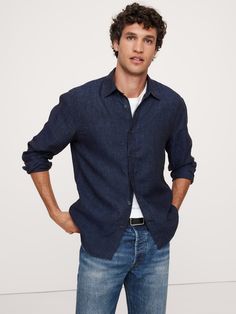 Cut from 100% linen, we love this shirt for its beautiful, natural texture and ability to stay cool and crisp, even in heat and humidity.  Standard fit.  Spread collar with button-front closure.  Shirttail hem.  Standard fit.  Long sleeves.  Hip length.  Model: Size M, 6'2" (188cm). Casual Flax Button-up Shirt, Spring Relaxed Fit Ramie Shirt, Spring Relax Fit Ramie Shirt, Casual Linen Shirt With Button Closure, Casual Flax Color Top With Spread Collar, Casual Flax-colored Top With Spread Collar, Casual Flax Top With Spread Collar, Casual Collared Linen Shirt, Casual Linen Shirt For Gatherings