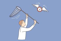 a man is trying to catch a bird with a net and an alarm clock in the background