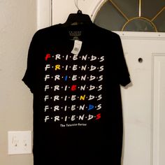 Brand New Black Friends Tshirt Black Slogan Shirt For Spring, Black Shirt With Text Print For Spring, Trendy Black Pre-shrunk Shirt, Trendy Pre-shrunk Black Shirt, Casual Black Slogan Shirt, Black Friends, Friends Tshirt, Tshirt Colors, New Black