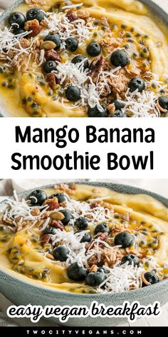 Homemade Smoothie Bowl, Mango Smoothie Bowl, Mango Banana Smoothie, Banana Smoothie Bowl, Homemade Smoothies, Vegan Breakfast Easy, Smoothie Bowl Healthy, Healthy Vegan Breakfast