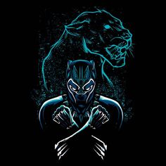 a black panther with blue neon lights on his face and hands in front of him