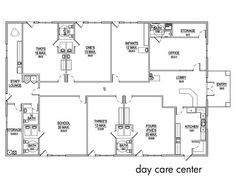 the day care center floor plan is shown in black and white, with three rooms on each side