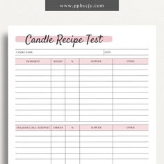 Candle Maker Recipe Test Printable Template – Digital Download for Testing and Evaluating Candle Recipes and Formulas Candle Recipes, Recipe Printable, Candle Making Recipes, Candle Printable, Candle Design, Recipe Cover, Food Candles, Schedule Planner, Candle Maker