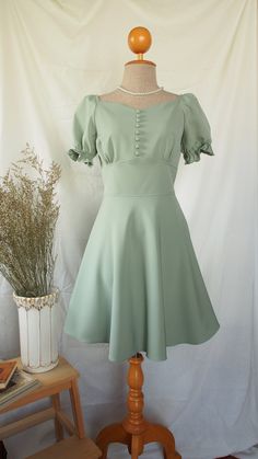 "DHL shipping upgrade is available at check out process. Shipping part by DHL will take 3-6 days only. It costs USD13 in addition from standard shipping cost. Production time may take around 1-2 weeks. If this is in rush you can convo us to make it sooner.:) ♥ Snow White series in sweet classy sage green. The dress is elegant and so fairytale in vintage style for this season. Delicate dress to special occasion and party. This will make you stunning. Item detail: - Puff sleeve - Button adornment. Sundress Party, Sage Green Bridesmaid, Green Bridesmaid Dress, Mint Green Bridesmaid Dresses, Dress Sage Green, Green Chiffon Dress, Delicate Dress, Vintage Bridesmaid Dresses, Vintage Bridesmaids