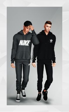 two men in black hoodies and sweatpants standing next to each other with their hands on their head