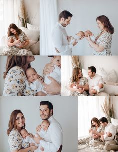 a collage of photos shows a man and woman holding their baby