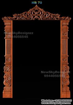 an ornate wooden frame with carvings and scrolls on the sides, in front of a black background