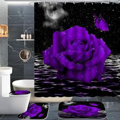 a purple rose with water droplets on it is in the middle of a black and white bathroom