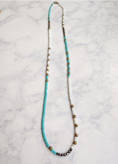 Bexley-Aqua-White-Hematite-Brass-Beaded-Layering-Necklace-Bracelet Bead Necklaces, Handmade Jewelry Tutorials, Brass Necklace, Beaded Jewelry Diy, Jewelry Tutorials, Bracelet Stack, Jewelry Crafts, Beaded Jewelry, Beading