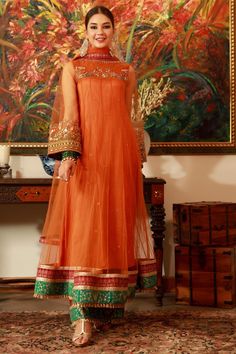 Haryali Bano | Ready To Wear Online | Luxury Formal Women Suits – Zaaviay Orange Color Wedding, Color Wedding Dress, Formal Women, Afghan Dress, Short Frock, Pakistani Formal Dresses, Frock Fashion, Pakistani Designer Suits, Women Suits