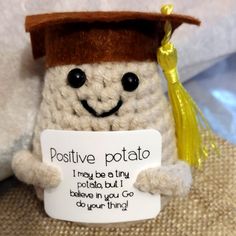 a stuffed animal wearing a graduation cap and holding a sign that says positive potato i may be doing potato but i believe in you go do your thing