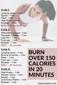 a woman doing push ups on her stomach with the words burn over 150 calories in 20 minutes