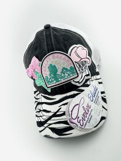 Zebra Cowgirl Patch Evolve Concealed Ponytail Opening Hat with Makeup Resistant Sweatband. Summer Western-themed Cap Hats, Country Style Adjustable Trucker Hat For Western-themed Events, Western Style Trucker Hat For Western-themed Events, Western Trucker Hats With Patches, Zebra Print Hat, Zebra Print, Trucker Cap, Cowboy Boots, Caps Hats