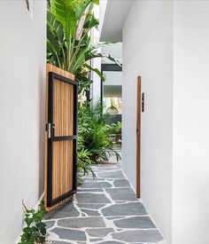 an open door leading to a house with potted plants