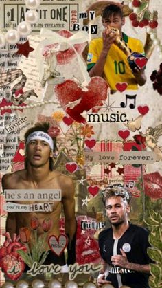 the collage is made up of many different images and words, including two men with headbands