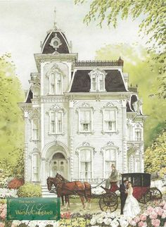 a painting of a horse drawn carriage in front of a large white house