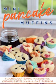 mini pancake muffins with blueberries and raspberry filling on top