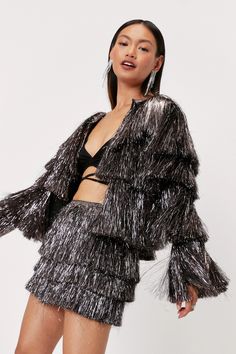 Petite Fringe Detail Tiered Shorts | Nasty Gal Style Androgyne, Fringe Shorts, Taylor Swift Tour Outfits, Dancers Outfit, Tour Outfits, Mini Short, Metallic Fabric, Pantalon Large, Mermaid Fashion