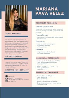 a professional resume for a woman in blue and pink