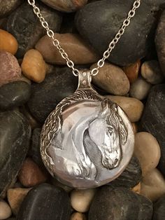 a horse is shown in the center of a silver pendant on some rocks and gravel