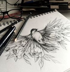 a pencil drawing of a bird on top of flowers