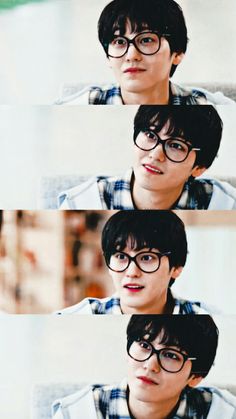 the young man is wearing glasses and looking at something in front of his face with different angles