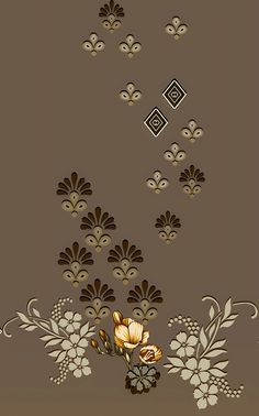 an image of flowers on a brown background with white and gold designs in the middle