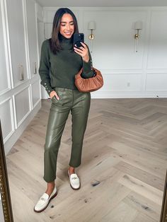 Green Leather Cargo Pants Outfit, Green Faux Leather Leggings Outfit, Green Olive Outfits For Women, Hunter Green Leather Pants Outfit, Olive Green Faux Leather Pants Outfit, Olive Monochrome Outfit, Olive Jeans Outfit Winter, Olive Leather Pants Outfit, Army Green Leather Pants Outfit