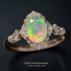 Fire Opal Engagement Ring, Rose Gold Halo Engagement Ring, Rings Opal, Oval Halo Engagement Ring, Vintage Inspired Engagement Rings, Opal Engagement Ring, Engagement Rings Vintage Halo, Ring Halo, Engagement Ring Vintage