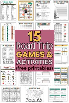 road trip games and activities for kids with the title overlay that reads 15 road trip games and activities free printables