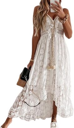 You can not miss this boho v-neck lace Slip dress in summer. Our dress features adjustable straps, smocked design, tassel, lace appliques, v neck, sleeveless, a line and maxi length. It is perfect for a beach vacation. #affiliatelink Lace Dress Boho, Boho Mode, Maxi Dress Summer, Women Lace Dress, Bohemian Mode, Dresses Boho, Tassel Dress, Mode Boho, Moda Boho