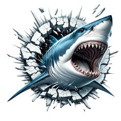 a shark breaking through the wall with its mouth open