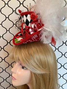 Queen of Hearts Mini Top Hat, Alice in Wonderland Fascinator, Red Queen Character Mini Top Hat With Crown, MADE to ORDER ONLY - Etsy Queen Of Hearts Crown, Queen Character, Red Queen Characters, Heart Crown, Mini Top Hat, Rhinestone Crown, Red Feather, Mini Top, Red Queen