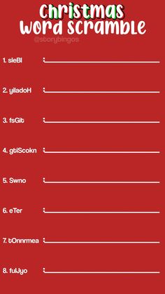 a christmas word scramble is shown in red