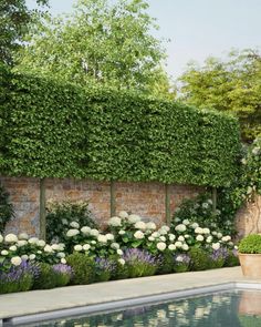 a pool surrounded by flowers and greenery next to a brick wall that is covered in ivy